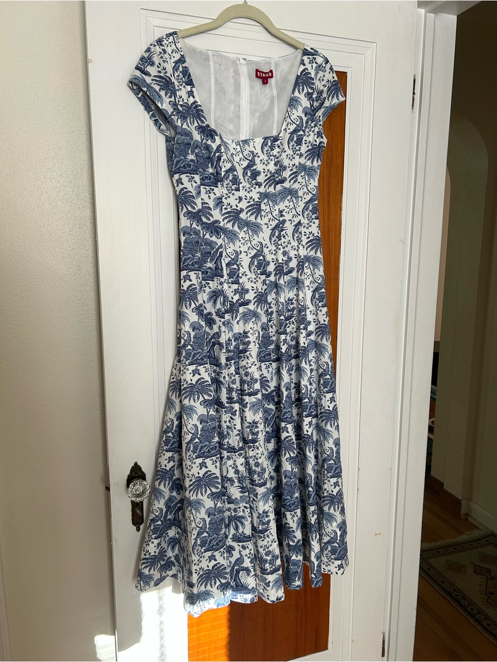 STAUD Short Sleeve Wells A-Line Dress Blue Toile